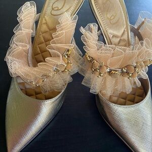 Sam Edelman Gold Heels with Ruffle and Bead Detail